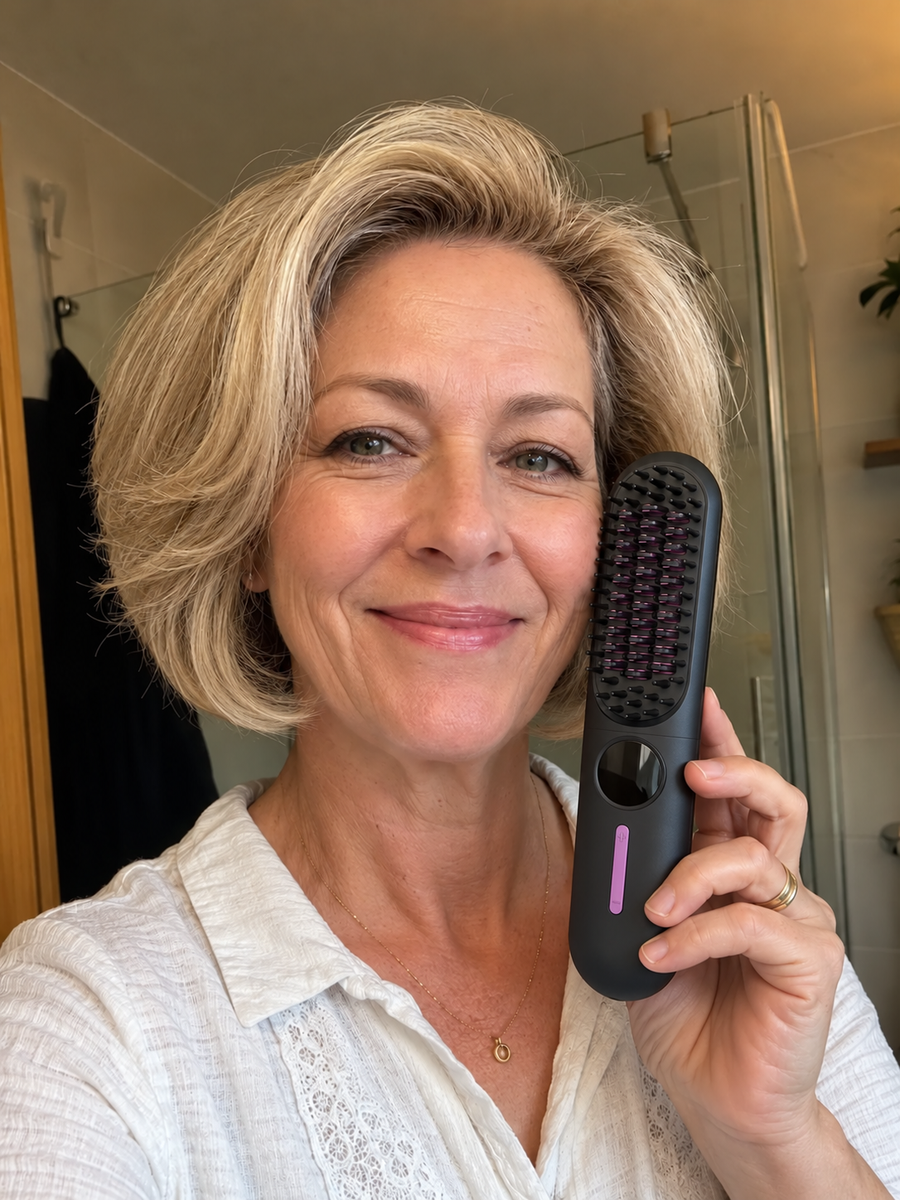 Frau mit der schwarzen ToneaGlow Stylingbürste in der Hand