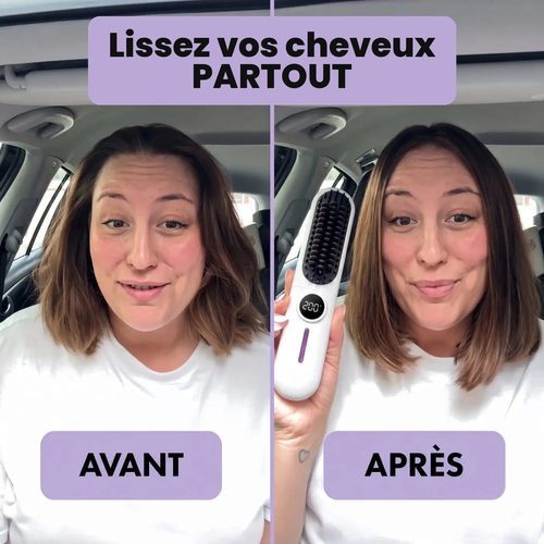 Avant / après en voiture avec la brosse lissante sans fil ToneaGlow : lissez vos cheveux partout