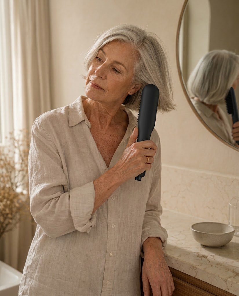 Femme aux cheveux gris se coiffant avec la brosse lissante sans fil
