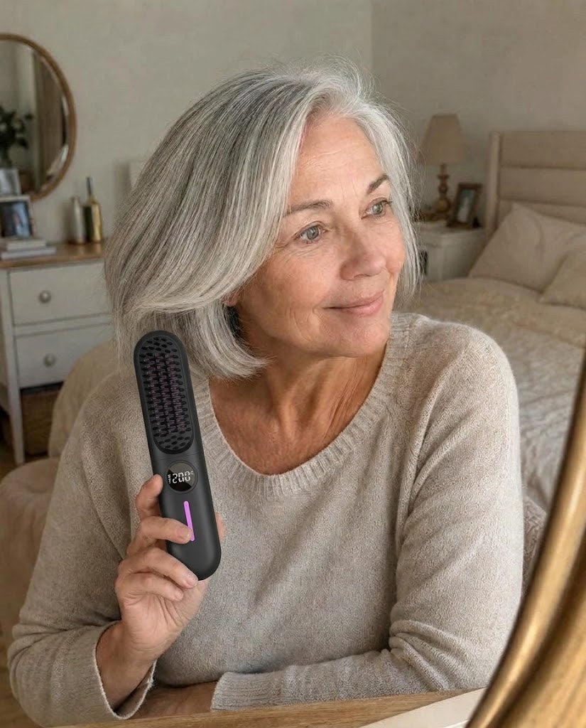 Femme tenant la brosse lissante sans fil dans sa main