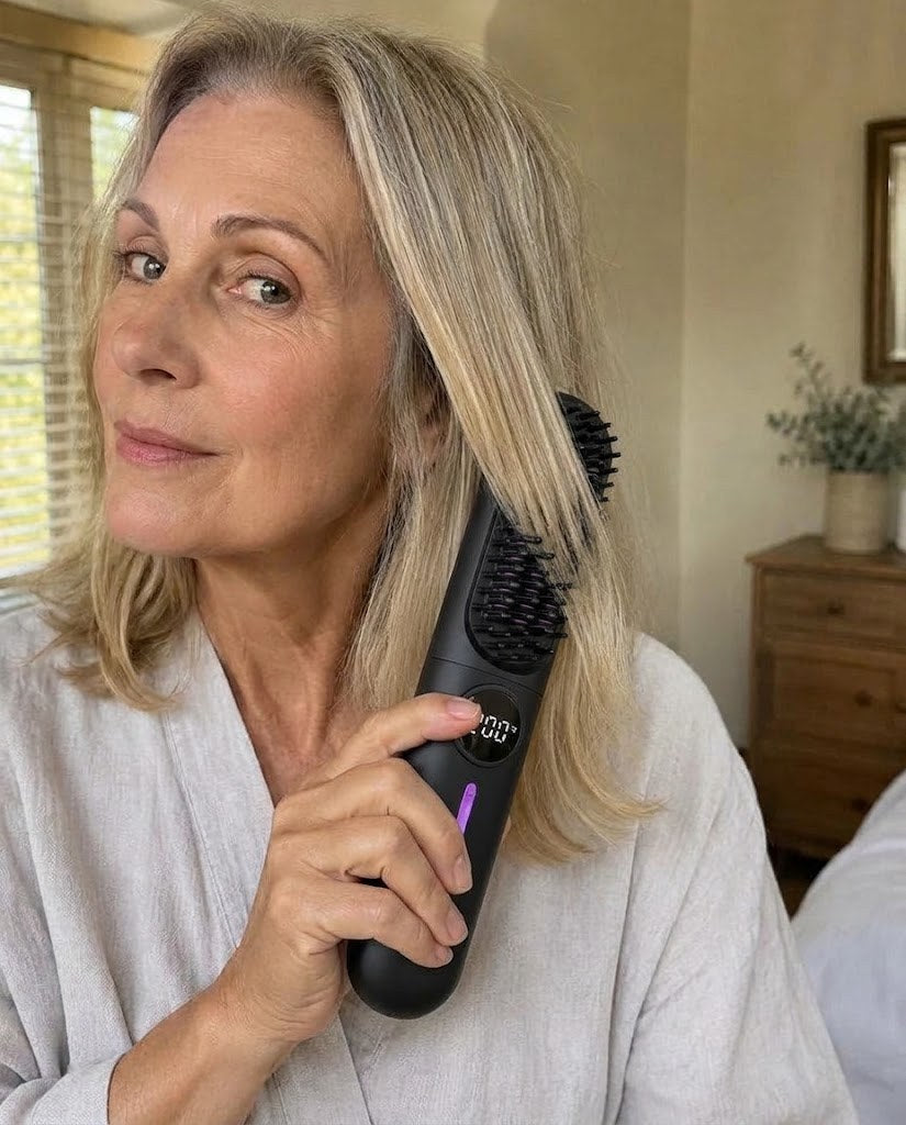 Femme passant la brosse sans fil dans ses cheveux blonds