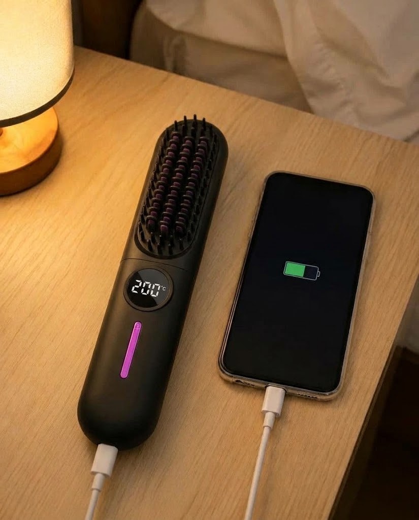 Brosse en charge en USB-C sur une table de nuit