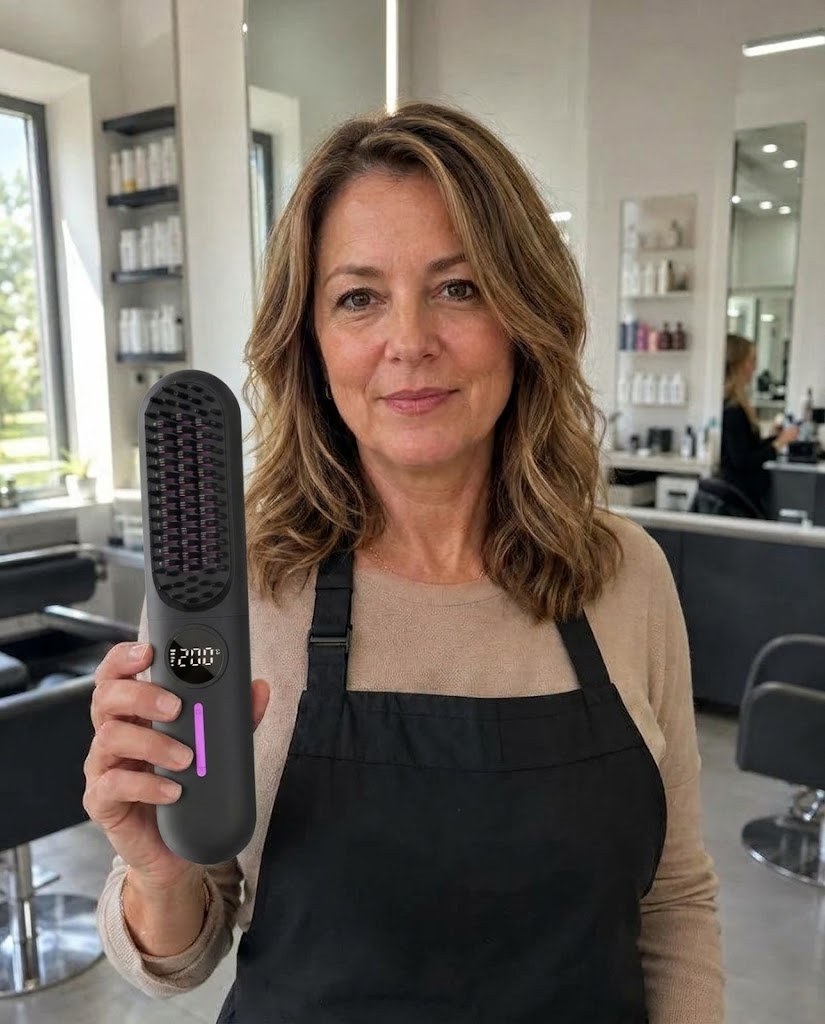 Femme en tablier tenant la brosse dans un salon de coiffure