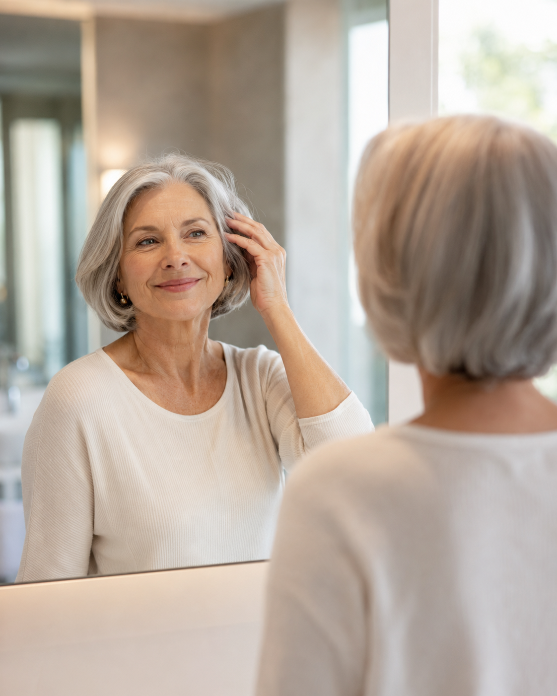 Femme se recoiffant devant un miroir
