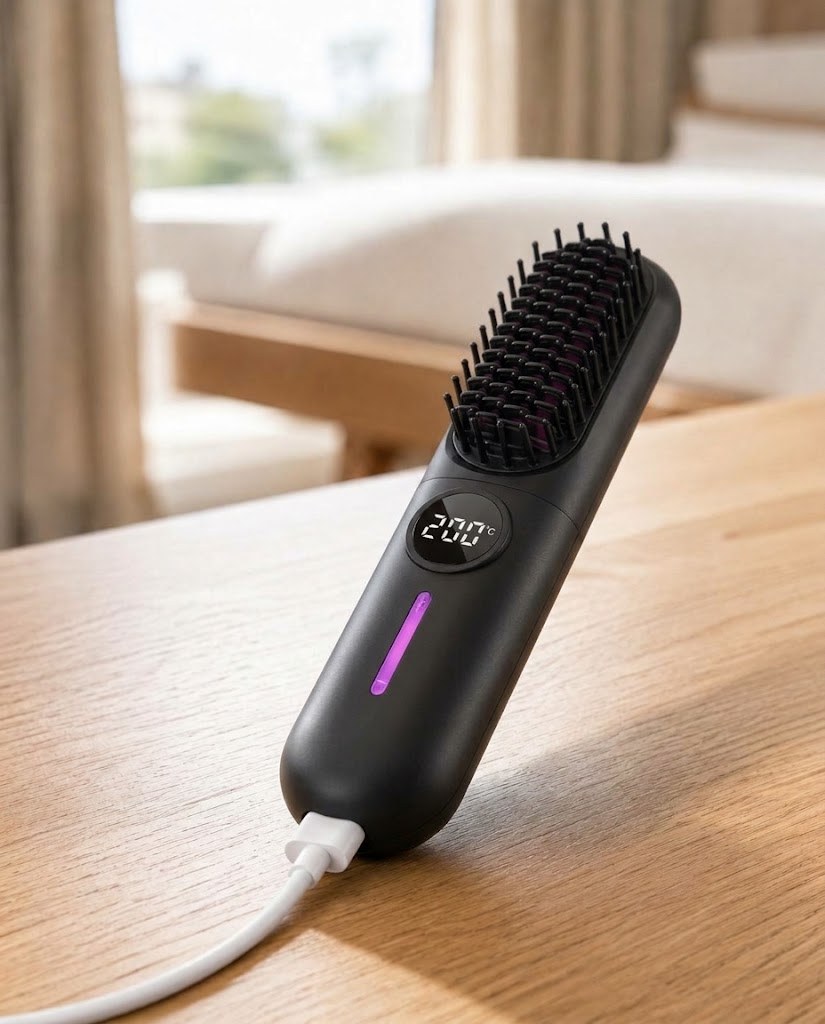 Brosse en charge en USB-C sur une table