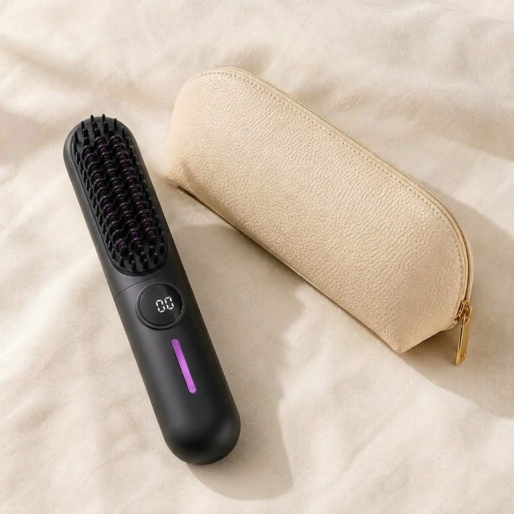 Brosse lissante sans fil ToneaGlow posée à côté de sa trousse de voyage