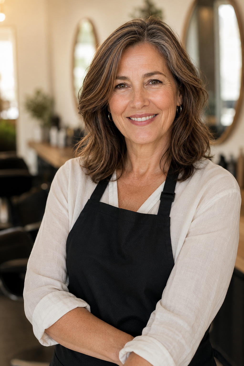 Femme en tablier dans un salon de coiffure