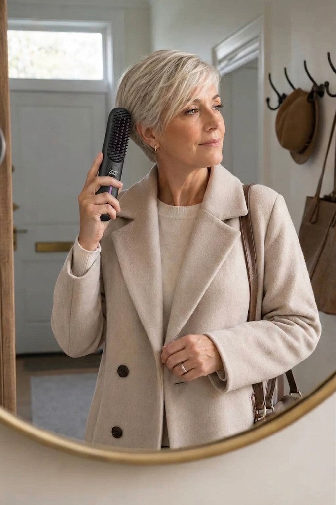 Femme se coiffant avec la brosse lissante sans fil ToneaGlow