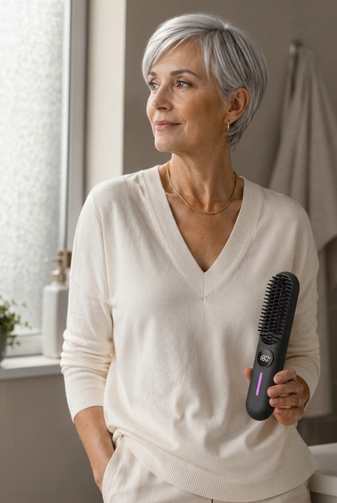 Femme tenant la brosse lissante sans fil ToneaGlow